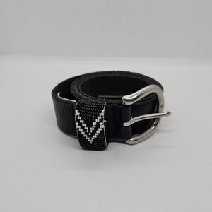 J. Crew black leather belt with silver tone buckle and beaded detail S/M